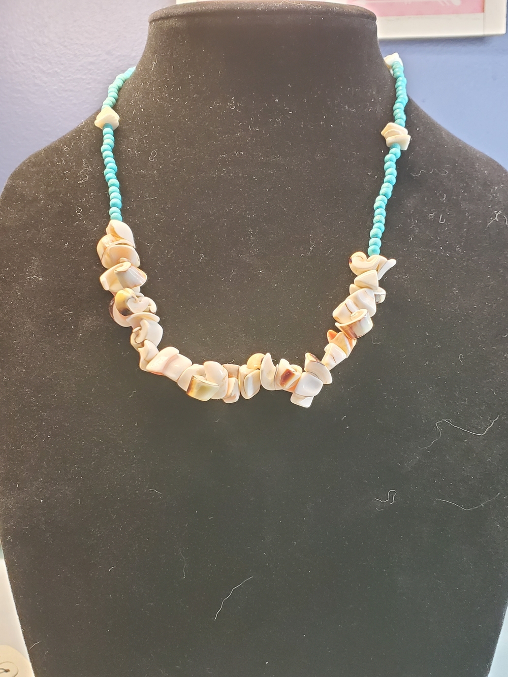 Turquoise Bead Necklace with Cream Shell Accents